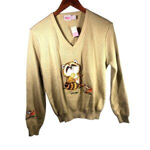 Vintage JC Penny’s Sweater With Embroidered Raccoon & Mouse Design Beige V-Neck